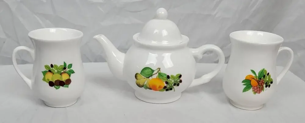 China Teapot with Two Mugs Fruit and Leaf Designs Vintage China